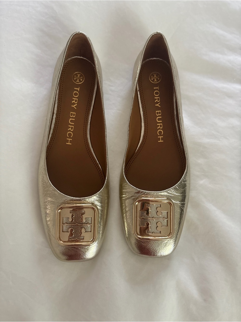 Tory Burch Rose Gold Logo Square-Toe Ballet Flats